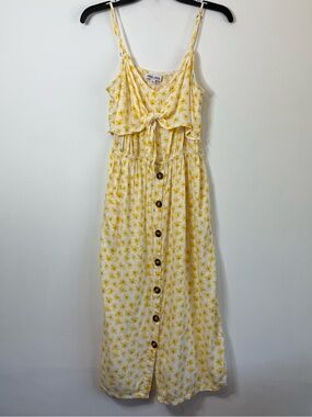 Mimi Chica Yellow Floral Tie Front Button Down Midi Dress Cottagecore Size L
